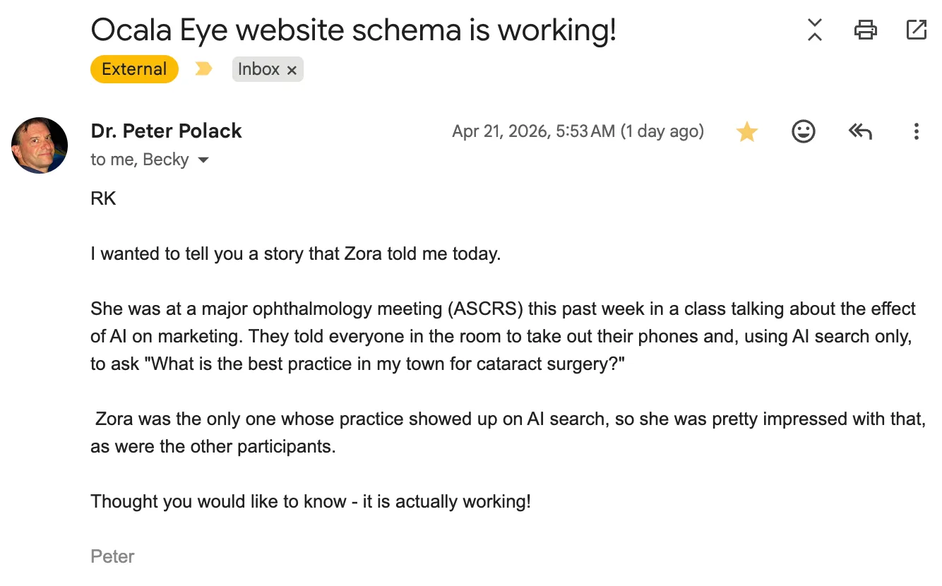 Email from Dr. Peter Polack: Ocala Eye website schema is working