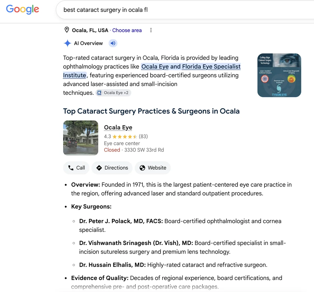 Google AI Overview for 'best cataract surgery in ocala fl' naming Ocala Eye and its surgeons