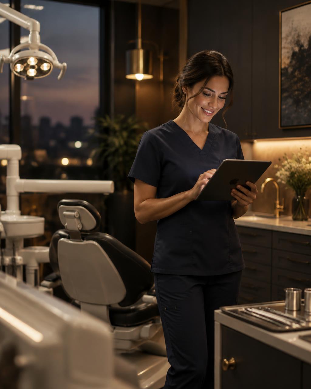 Dentist reviewing her clinic's online presence on a tablet